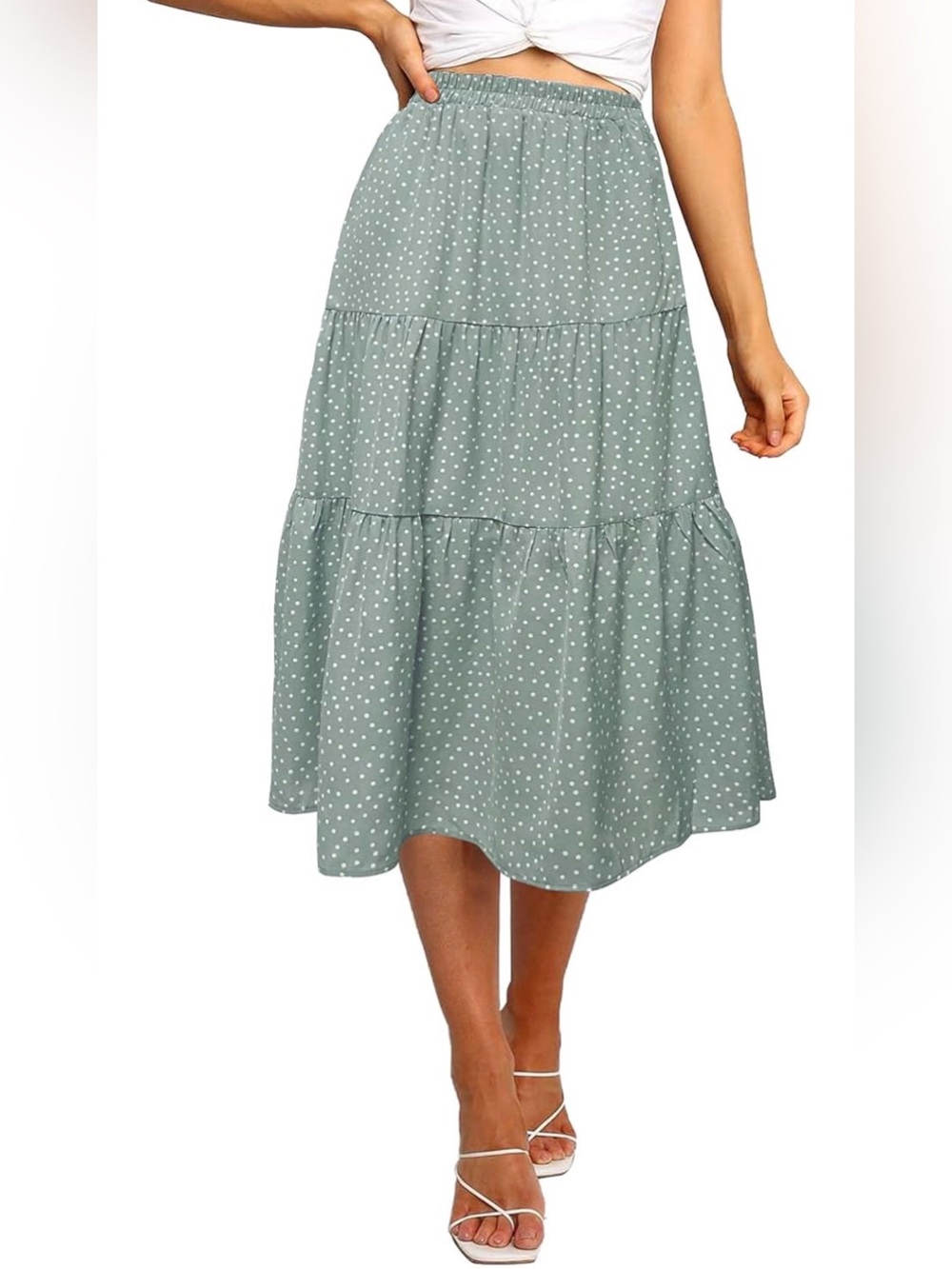 NWT Small Women’s Sage Green Polka Dot Tiered Midi Skirt